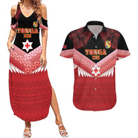 Custom Mate Maa Tonga XIII Couples Matching Summer Maxi Dress and Hawaiian Shirt Tongan Kupesi Ngatu - Rugby Style LT14 Red - Polynesian Pride