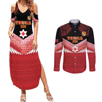 Custom Mate Maa Tonga XIII Couples Matching Summer Maxi Dress and Long Sleeve Button Shirt Tongan Kupesi Ngatu - Rugby Style LT14 Red - Polynesian Pride