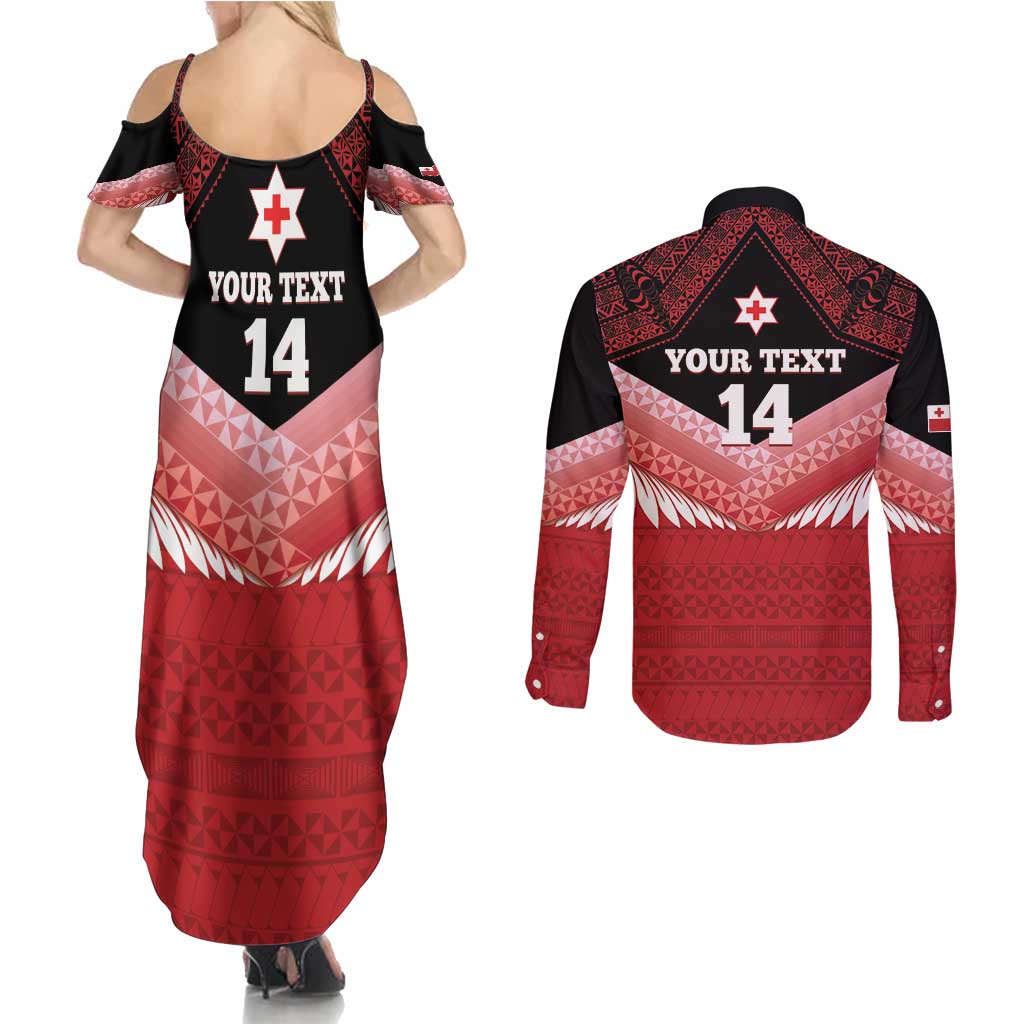 Custom Mate Maa Tonga XIII Couples Matching Summer Maxi Dress and Long Sleeve Button Shirt Tongan Kupesi Ngatu - Rugby Style LT14 - Polynesian Pride
