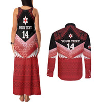 Custom Mate Maa Tonga XIII Couples Matching Tank Maxi Dress and Long Sleeve Button Shirt Tongan Kupesi Ngatu - Rugby Style LT14 - Polynesian Pride