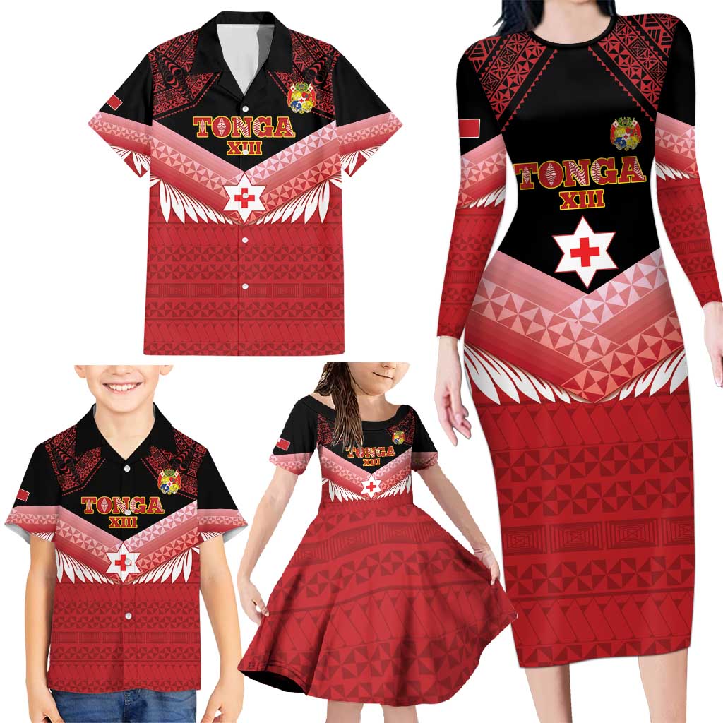 Custom Mate Maa Tonga XIII Family Matching Long Sleeve Bodycon Dress and Hawaiian Shirt Tongan Kupesi Ngatu - Rugby Style LT14 - Polynesian Pride