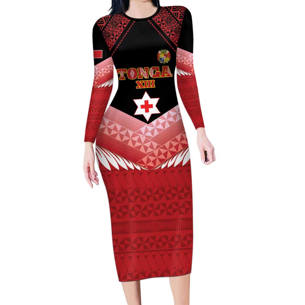 Custom Mate Maa Tonga XIII Family Matching Long Sleeve Bodycon Dress and Hawaiian Shirt Tongan Kupesi Ngatu - Rugby Style LT14 Mom's Dress Red - Polynesian Pride