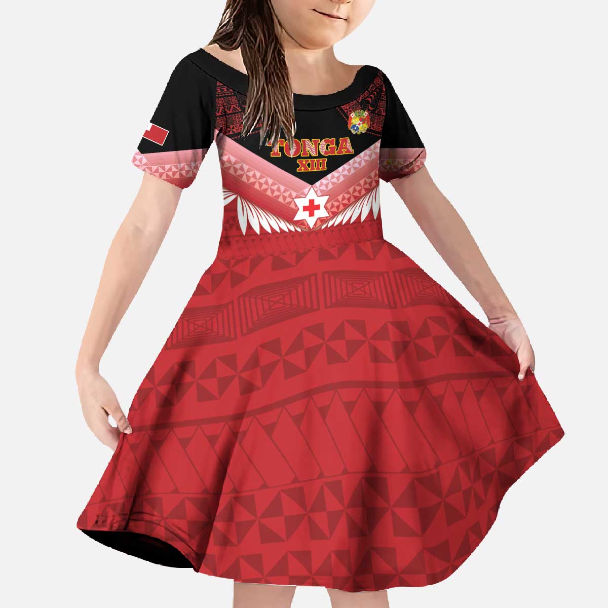 Custom Mate Maa Tonga XIII Family Matching Off The Shoulder Long Sleeve Dress and Hawaiian Shirt Tongan Kupesi Ngatu - Rugby Style LT14 Daughter's Dress Red - Polynesian Pride