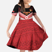 Custom Mate Maa Tonga XIII Family Matching Off The Shoulder Long Sleeve Dress and Hawaiian Shirt Tongan Kupesi Ngatu - Rugby Style LT14 Daughter's Dress Red - Polynesian Pride
