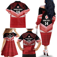 Custom Mate Maa Tonga XIII Family Matching Off The Shoulder Long Sleeve Dress and Hawaiian Shirt Tongan Kupesi Ngatu - Rugby Style LT14 - Polynesian Pride
