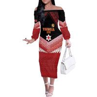 Custom Mate Maa Tonga XIII Family Matching Off The Shoulder Long Sleeve Dress and Hawaiian Shirt Tongan Kupesi Ngatu - Rugby Style LT14 Mom's Dress Red - Polynesian Pride