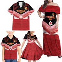 Custom Mate Maa Tonga XIII Family Matching Off Shoulder Maxi Dress and Hawaiian Shirt Tongan Kupesi Ngatu - Rugby Style LT14 - Polynesian Pride