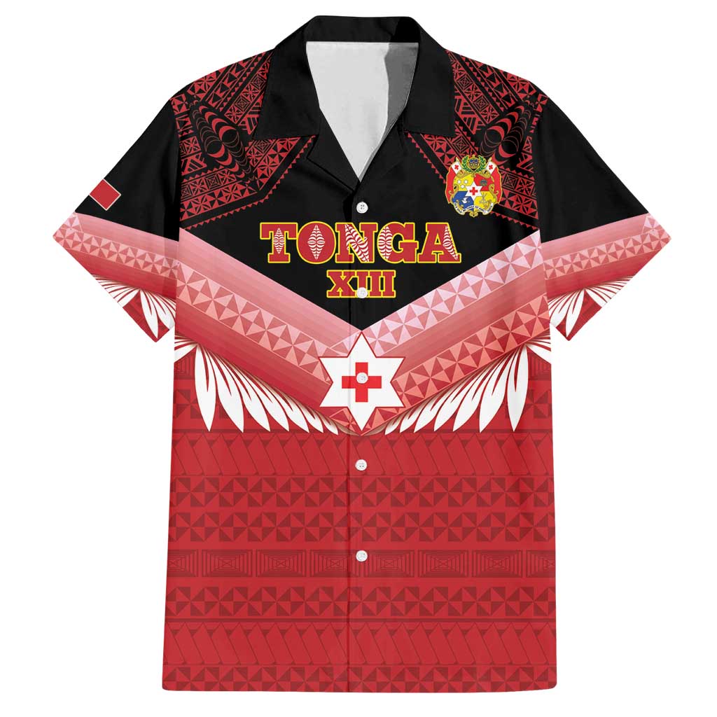 Custom Mate Maa Tonga XIII Family Matching Off Shoulder Maxi Dress and Hawaiian Shirt Tongan Kupesi Ngatu - Rugby Style LT14 Dad's Shirt - Short Sleeve Red - Polynesian Pride