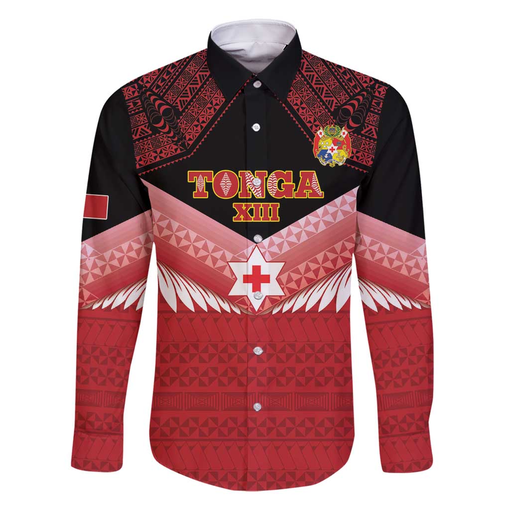 Custom Mate Maa Tonga XIII Family Matching Off Shoulder Maxi Dress and Hawaiian Shirt Tongan Kupesi Ngatu - Rugby Style LT14 Dad's Shirt - Long Sleeve Red - Polynesian Pride