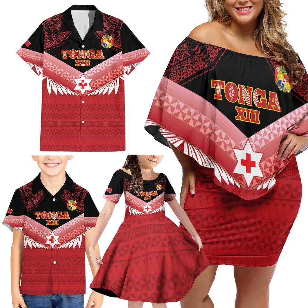 Custom Mate Maa Tonga XIII Family Matching Off Shoulder Short Dress and Hawaiian Shirt Tongan Kupesi Ngatu - Rugby Style LT14 - Polynesian Pride