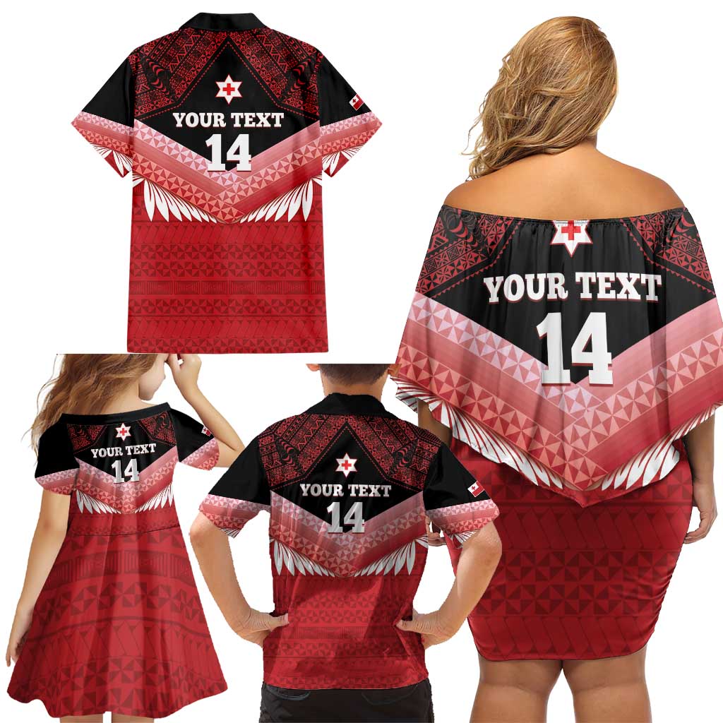 Custom Mate Maa Tonga XIII Family Matching Off Shoulder Short Dress and Hawaiian Shirt Tongan Kupesi Ngatu - Rugby Style LT14 - Polynesian Pride