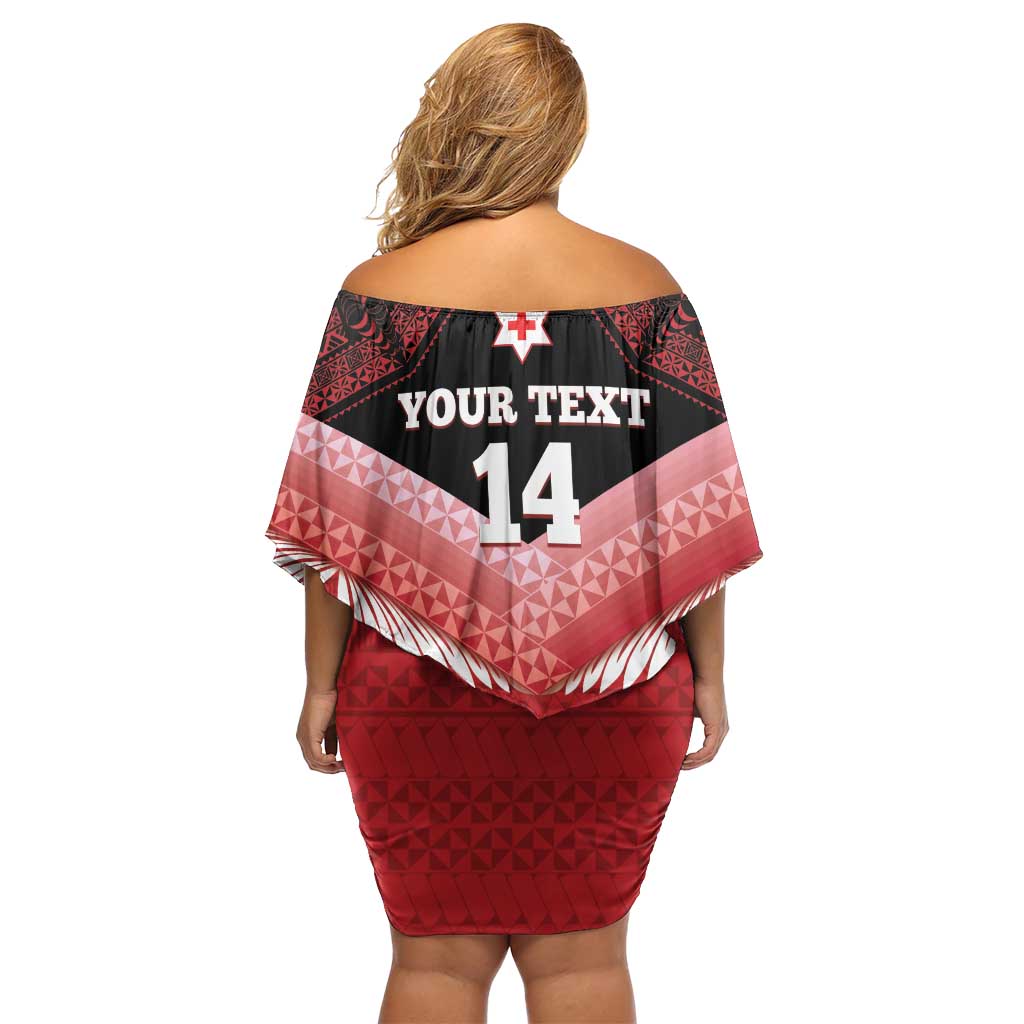 Custom Mate Maa Tonga XIII Family Matching Off Shoulder Short Dress and Hawaiian Shirt Tongan Kupesi Ngatu - Rugby Style LT14 - Polynesian Pride