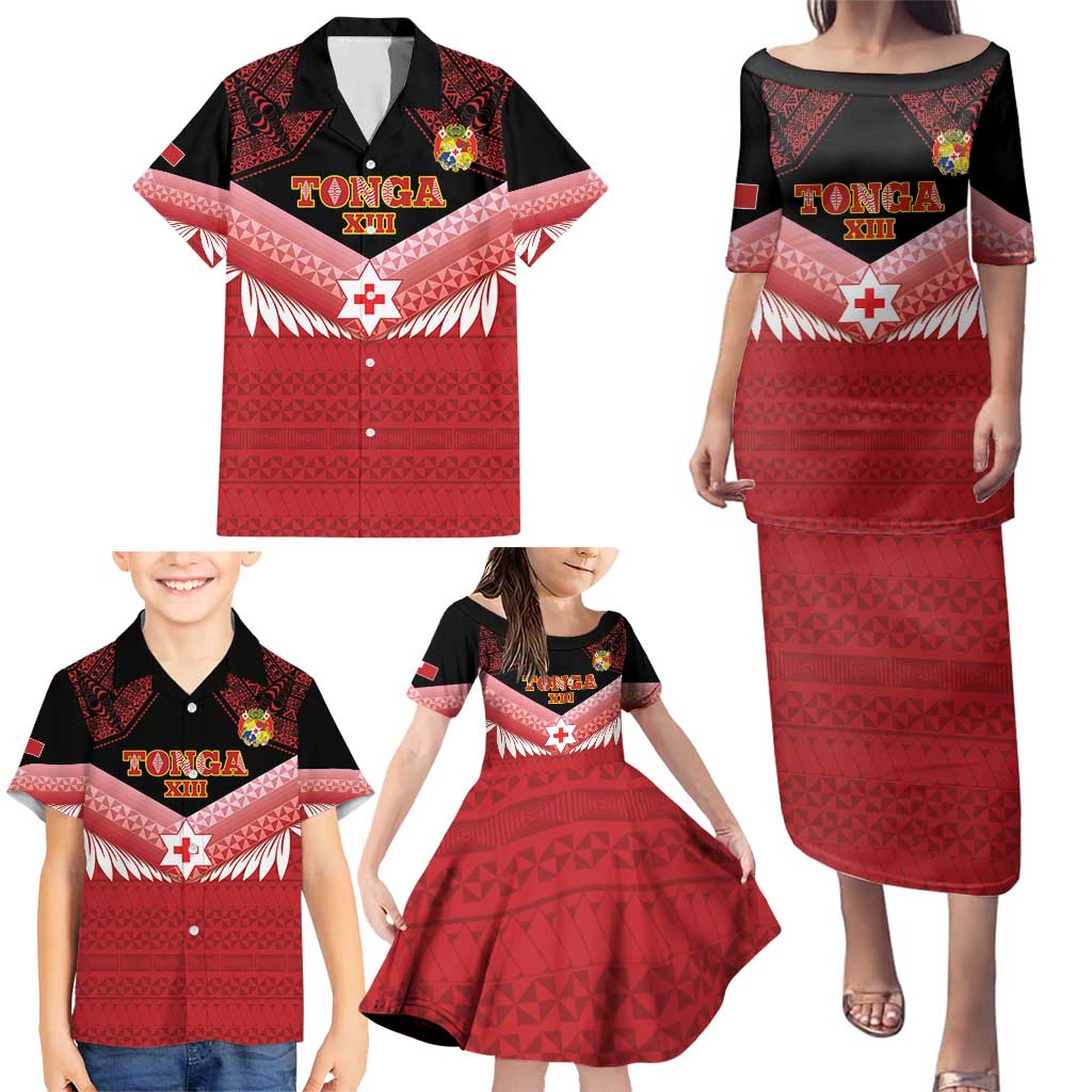Custom Mate Maa Tonga XIII Family Matching Puletasi and Hawaiian Shirt Tongan Kupesi Ngatu - Rugby Style LT14 - Polynesian Pride