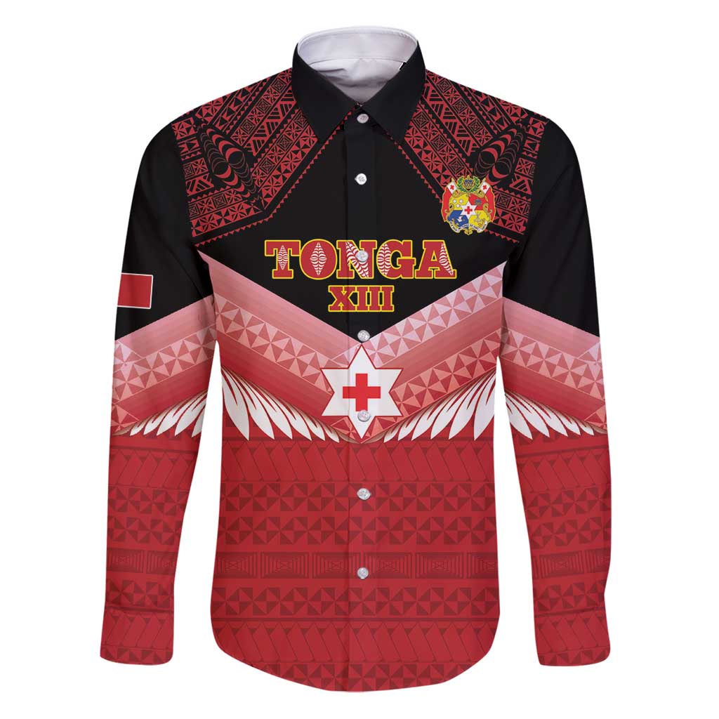 Custom Mate Maa Tonga XIII Family Matching Puletasi and Hawaiian Shirt Tongan Kupesi Ngatu - Rugby Style LT14 Dad's Shirt - Long Sleeve Red - Polynesian Pride