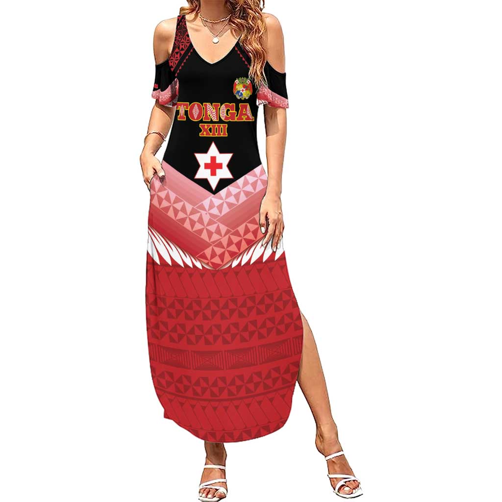 Custom Mate Maa Tonga XIII Family Matching Summer Maxi Dress and Hawaiian Shirt Tongan Kupesi Ngatu - Rugby Style LT14 Mom's Dress Red - Polynesian Pride