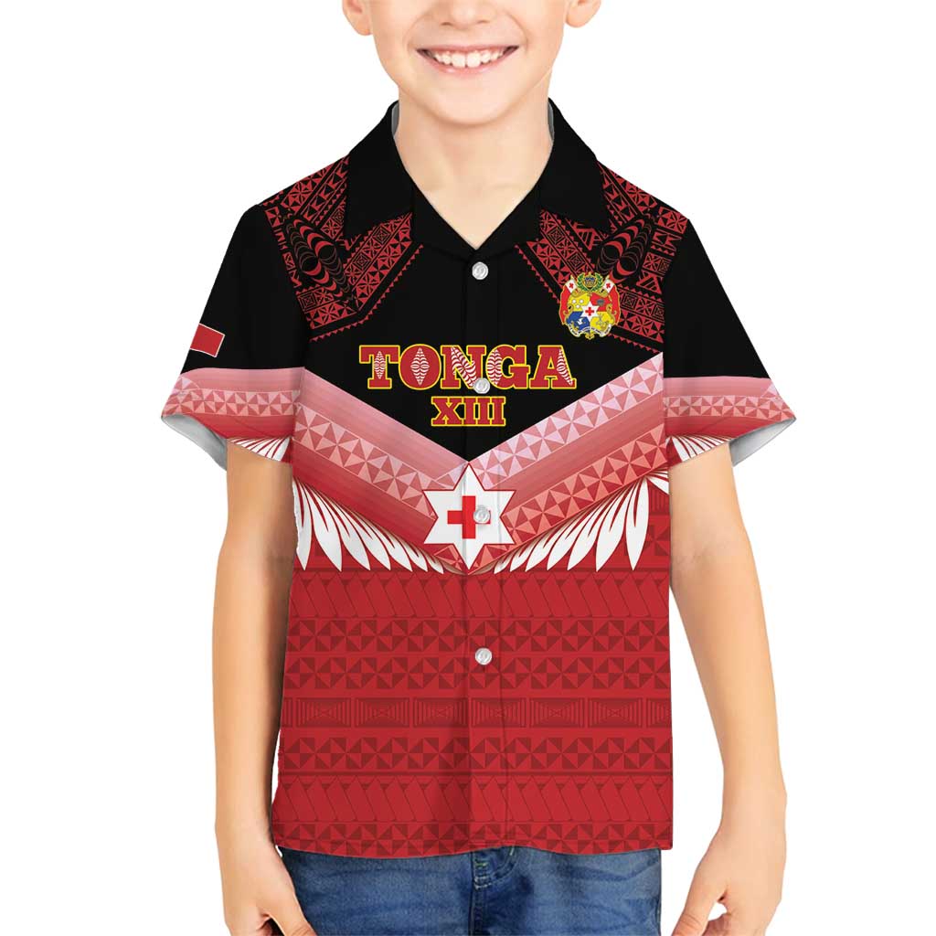 Custom Mate Maa Tonga XIII Family Matching Summer Maxi Dress and Hawaiian Shirt Tongan Kupesi Ngatu - Rugby Style LT14 Son's Shirt Red - Polynesian Pride