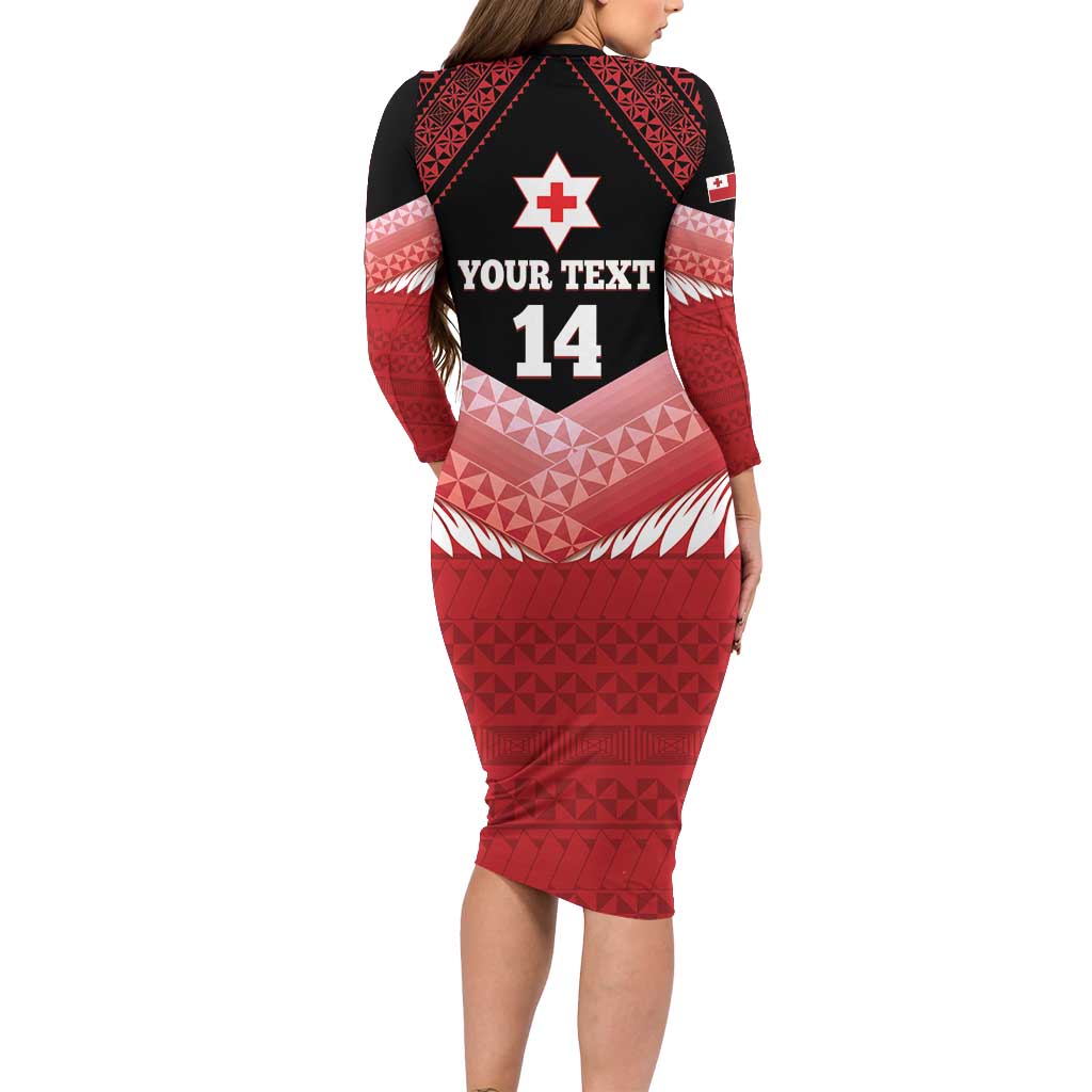 Custom Mate Maa Tonga XIII Long Sleeve Bodycon Dress Tongan Kupesi Ngatu - Rugby Style LT14 - Polynesian Pride