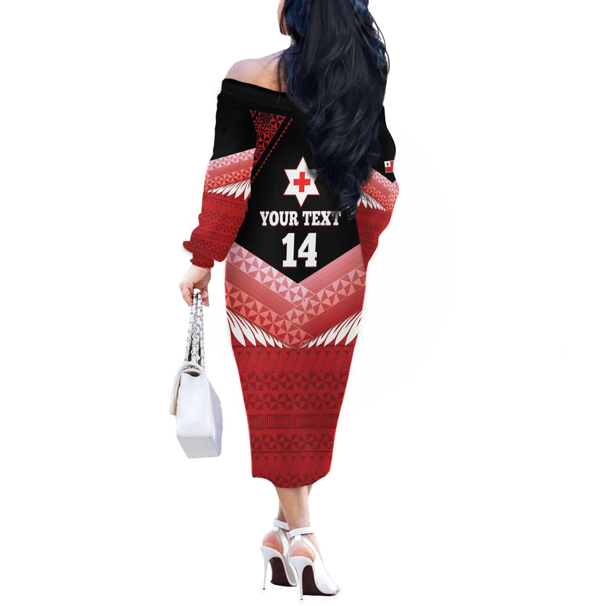 Custom Mate Maa Tonga XIII Off The Shoulder Long Sleeve Dress Tongan Kupesi Ngatu - Rugby Style LT14 - Polynesian Pride