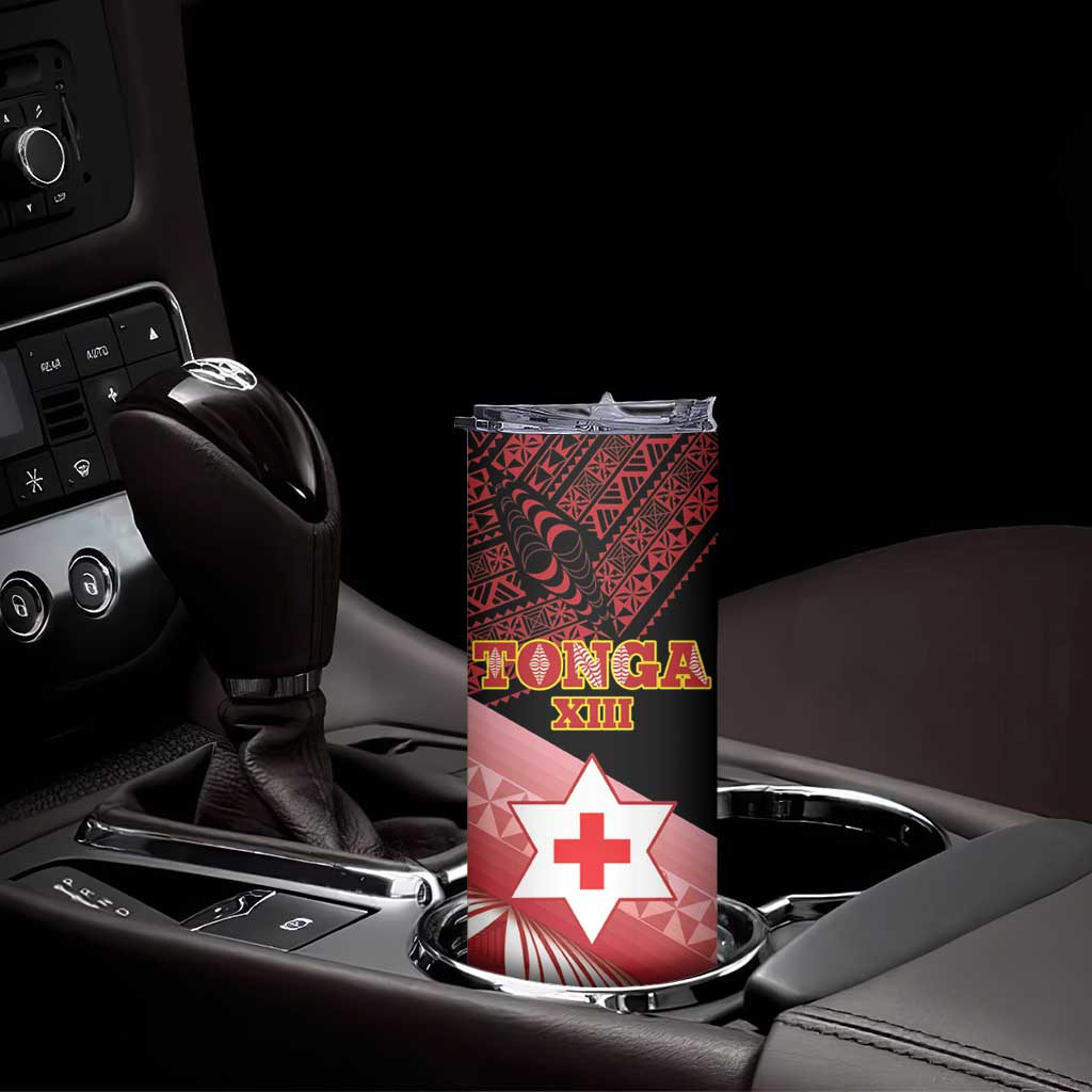 Personalised Mate Maa Tonga XIII Skinny Tumbler Tongan Kupesi Ngatu - Rugby Style LT14 - Polynesian Pride