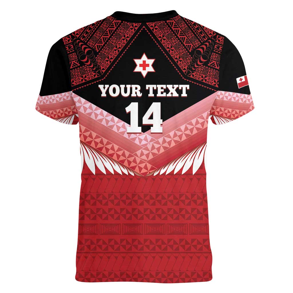 Custom Mate Maa Tonga XIII Women V-Neck T-Shirt Tongan Kupesi Ngatu - Rugby Style LT14 - Polynesian Pride