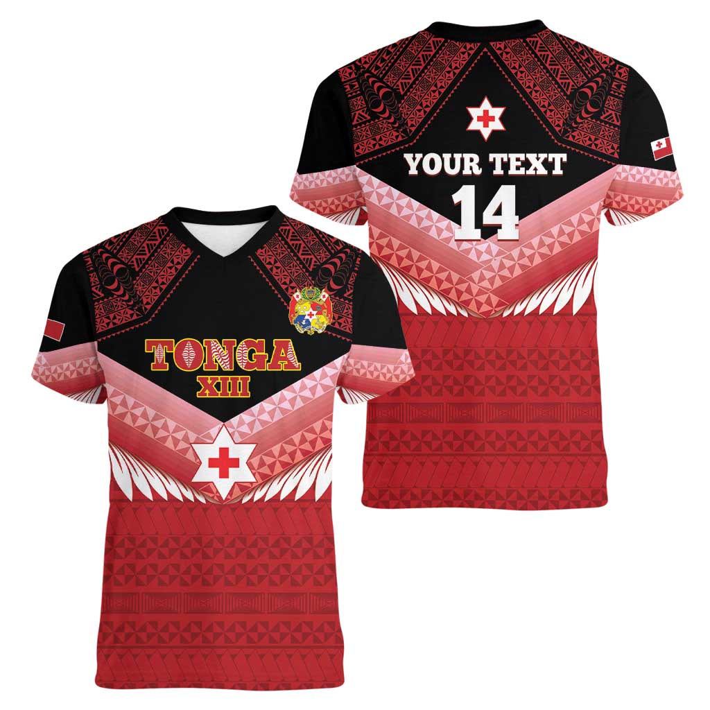 Custom Mate Maa Tonga XIII Women V-Neck T-Shirt Tongan Kupesi Ngatu - Rugby Style LT14 - Polynesian Pride