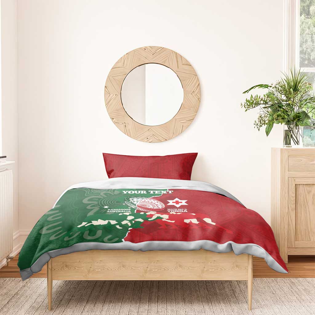 Custom Tonga And Australia Rugby Bedding Set Mate Maa Tongan Ngatu Mix Kangaroos Aboriginal
