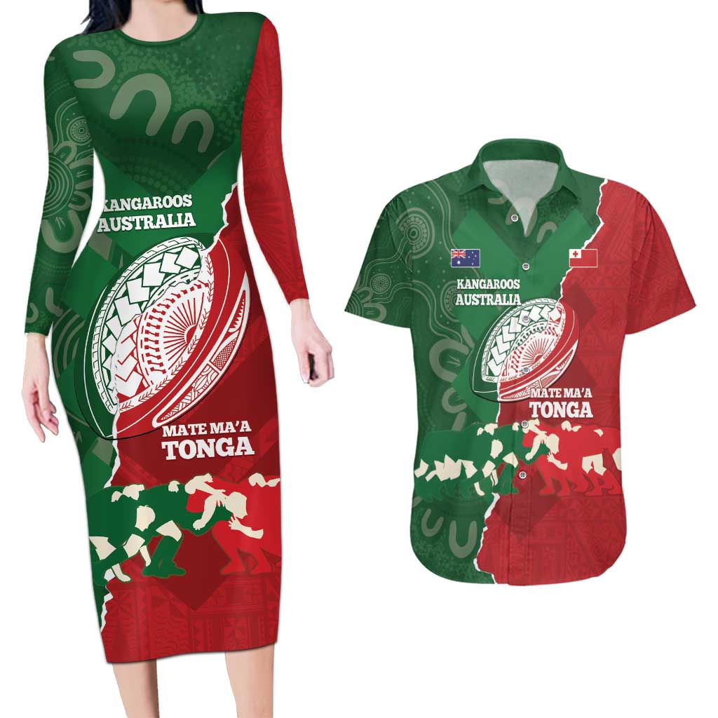 Custom Tonga And Australia Rugby Couples Matching Long Sleeve Bodycon Dress and Hawaiian Shirt Mate Maa Tongan Ngatu Mix Kangaroos Aboriginal LT14 Green - Polynesian Pride