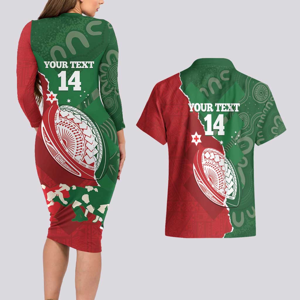 Custom Tonga And Australia Rugby Couples Matching Long Sleeve Bodycon Dress and Hawaiian Shirt Mate Maa Tongan Ngatu Mix Kangaroos Aboriginal LT14 - Polynesian Pride
