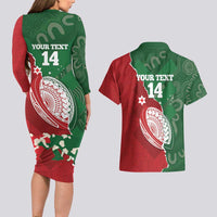 Custom Tonga And Australia Rugby Couples Matching Long Sleeve Bodycon Dress and Hawaiian Shirt Mate Maa Tongan Ngatu Mix Kangaroos Aboriginal LT14 - Polynesian Pride