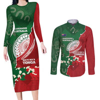 Custom Tonga And Australia Rugby Couples Matching Long Sleeve Bodycon Dress and Long Sleeve Button Shirt Mate Maa Tongan Ngatu Mix Kangaroos Aboriginal LT14 Green - Polynesian Pride