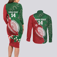 Custom Tonga And Australia Rugby Couples Matching Long Sleeve Bodycon Dress and Long Sleeve Button Shirt Mate Maa Tongan Ngatu Mix Kangaroos Aboriginal LT14 - Polynesian Pride