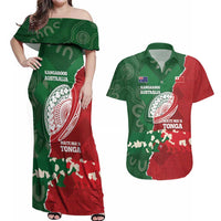 Custom Tonga And Australia Rugby Couples Matching Off Shoulder Maxi Dress and Hawaiian Shirt Mate Maa Tongan Ngatu Mix Kangaroos Aboriginal LT14 Green - Polynesian Pride