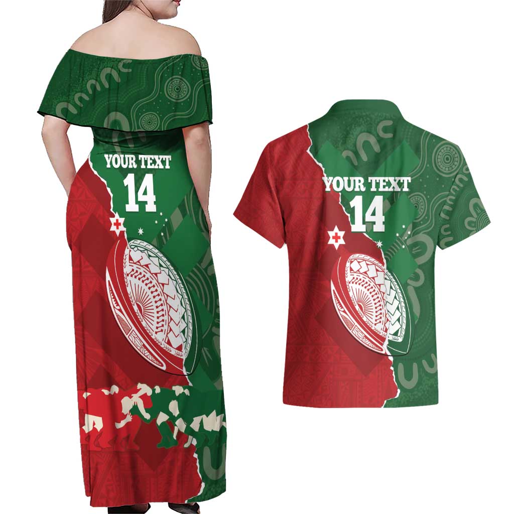 Custom Tonga And Australia Rugby Couples Matching Off Shoulder Maxi Dress and Hawaiian Shirt Mate Maa Tongan Ngatu Mix Kangaroos Aboriginal LT14 - Polynesian Pride