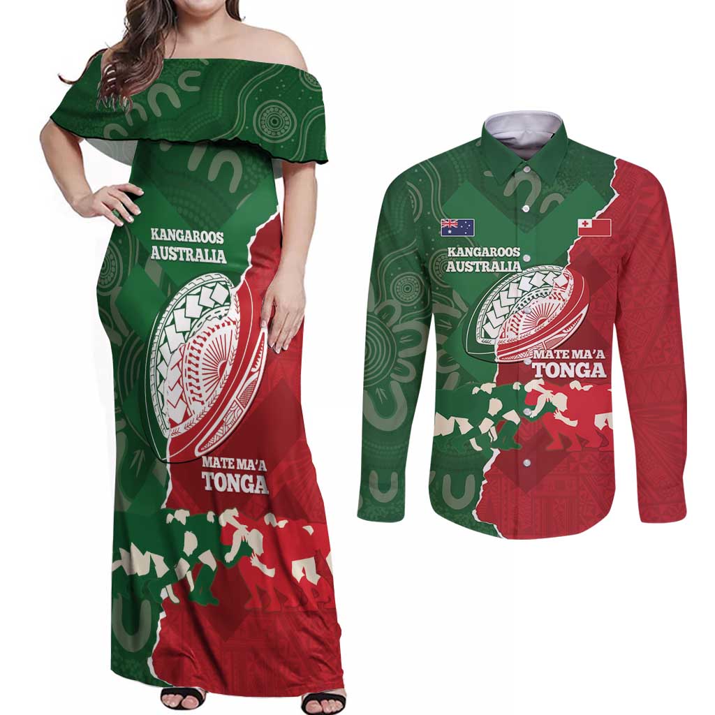 Custom Tonga And Australia Rugby Couples Matching Off Shoulder Maxi Dress and Long Sleeve Button Shirt Mate Maa Tongan Ngatu Mix Kangaroos Aboriginal LT14 Green - Polynesian Pride