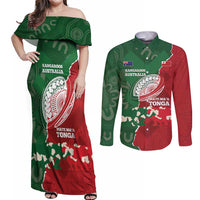 Custom Tonga And Australia Rugby Couples Matching Off Shoulder Maxi Dress and Long Sleeve Button Shirt Mate Maa Tongan Ngatu Mix Kangaroos Aboriginal LT14 Green - Polynesian Pride