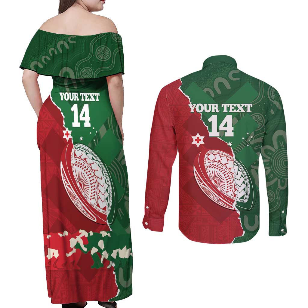 Custom Tonga And Australia Rugby Couples Matching Off Shoulder Maxi Dress and Long Sleeve Button Shirt Mate Maa Tongan Ngatu Mix Kangaroos Aboriginal LT14 - Polynesian Pride