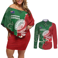 Custom Tonga And Australia Rugby Couples Matching Off Shoulder Short Dress and Long Sleeve Button Shirt Mate Maa Tongan Ngatu Mix Kangaroos Aboriginal LT14 Green - Polynesian Pride
