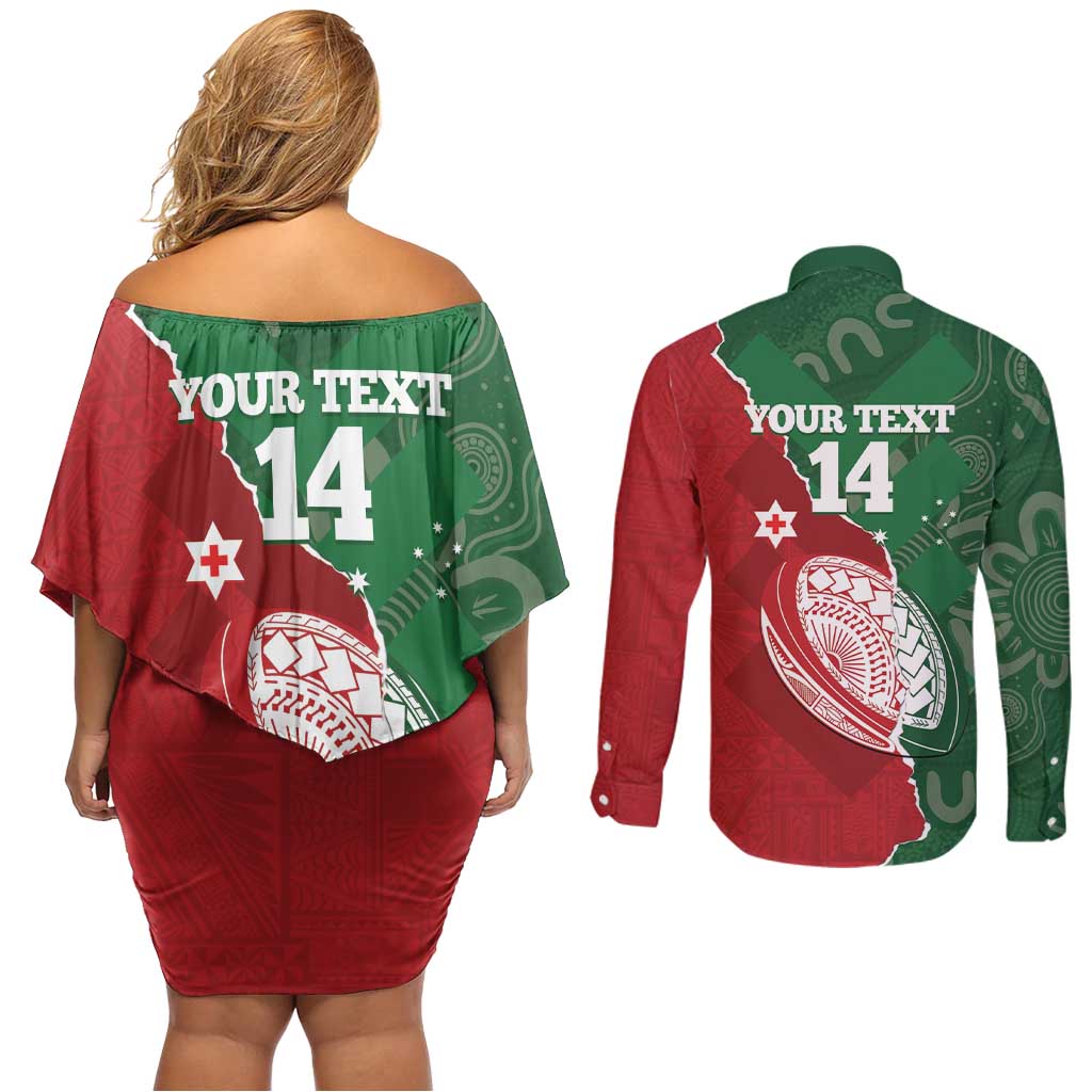 Custom Tonga And Australia Rugby Couples Matching Off Shoulder Short Dress and Long Sleeve Button Shirt Mate Maa Tongan Ngatu Mix Kangaroos Aboriginal LT14 - Polynesian Pride
