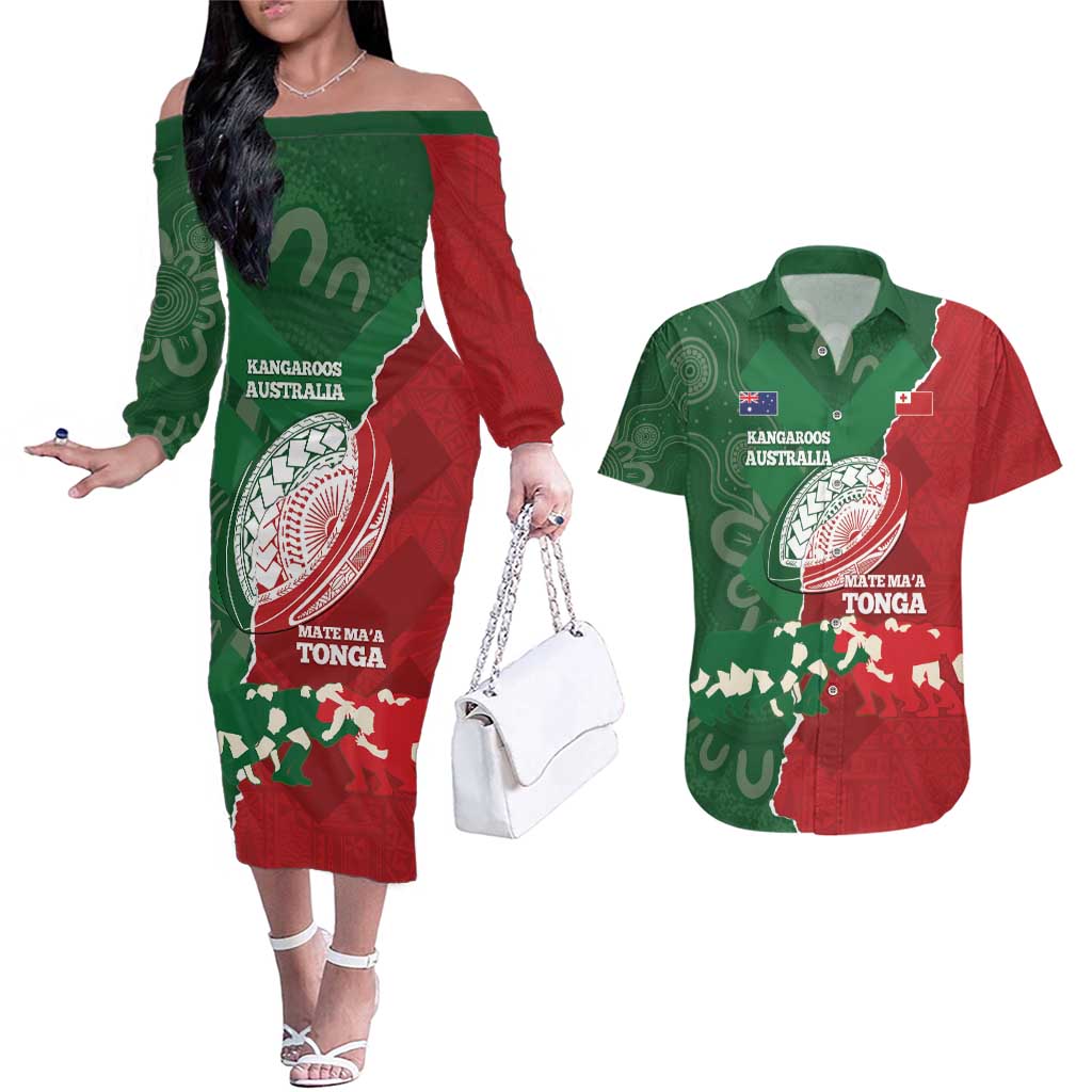 Custom Tonga And Australia Rugby Couples Matching Off The Shoulder Long Sleeve Dress and Hawaiian Shirt Mate Maa Tongan Ngatu Mix Kangaroos Aboriginal LT14 Green - Polynesian Pride