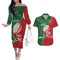 Custom Tonga And Australia Rugby Couples Matching Off The Shoulder Long Sleeve Dress and Hawaiian Shirt Mate Maa Tongan Ngatu Mix Kangaroos Aboriginal LT14 Green - Polynesian Pride