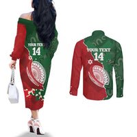 Custom Tonga And Australia Rugby Couples Matching Off The Shoulder Long Sleeve Dress and Long Sleeve Button Shirt Mate Maa Tongan Ngatu Mix Kangaroos Aboriginal LT14 - Polynesian Pride