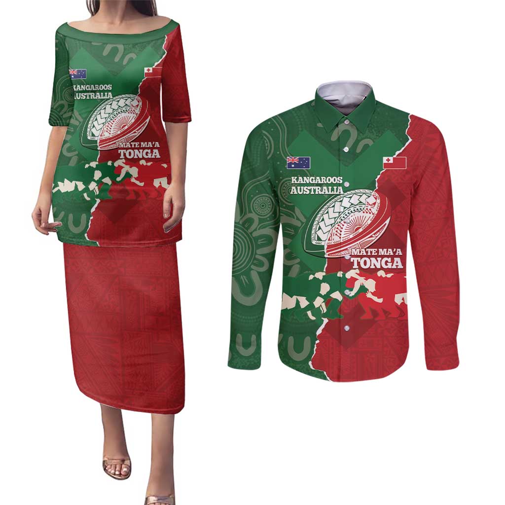 Custom Tonga And Australia Rugby Couples Matching Puletasi and Long Sleeve Button Shirt Mate Maa Tongan Ngatu Mix Kangaroos Aboriginal LT14 Green - Polynesian Pride