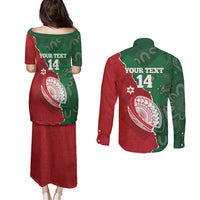 Custom Tonga And Australia Rugby Couples Matching Puletasi and Long Sleeve Button Shirt Mate Maa Tongan Ngatu Mix Kangaroos Aboriginal LT14 - Polynesian Pride