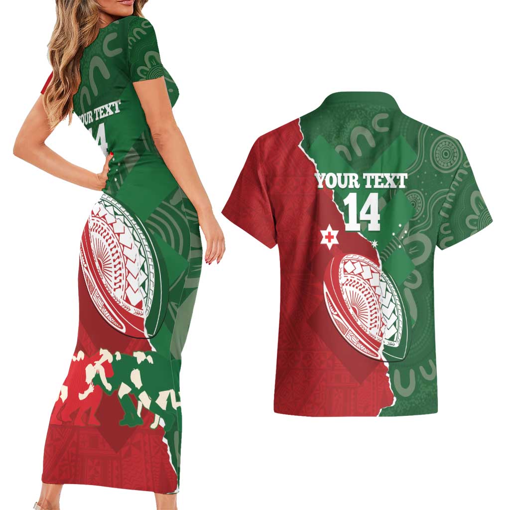 Custom Tonga And Australia Rugby Couples Matching Short Sleeve Bodycon Dress and Hawaiian Shirt Mate Maa Tongan Ngatu Mix Kangaroos Aboriginal LT14 - Polynesian Pride