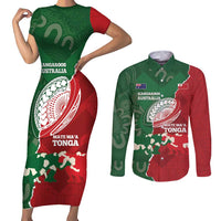 Custom Tonga And Australia Rugby Couples Matching Short Sleeve Bodycon Dress and Long Sleeve Button Shirt Mate Maa Tongan Ngatu Mix Kangaroos Aboriginal LT14 Green - Polynesian Pride