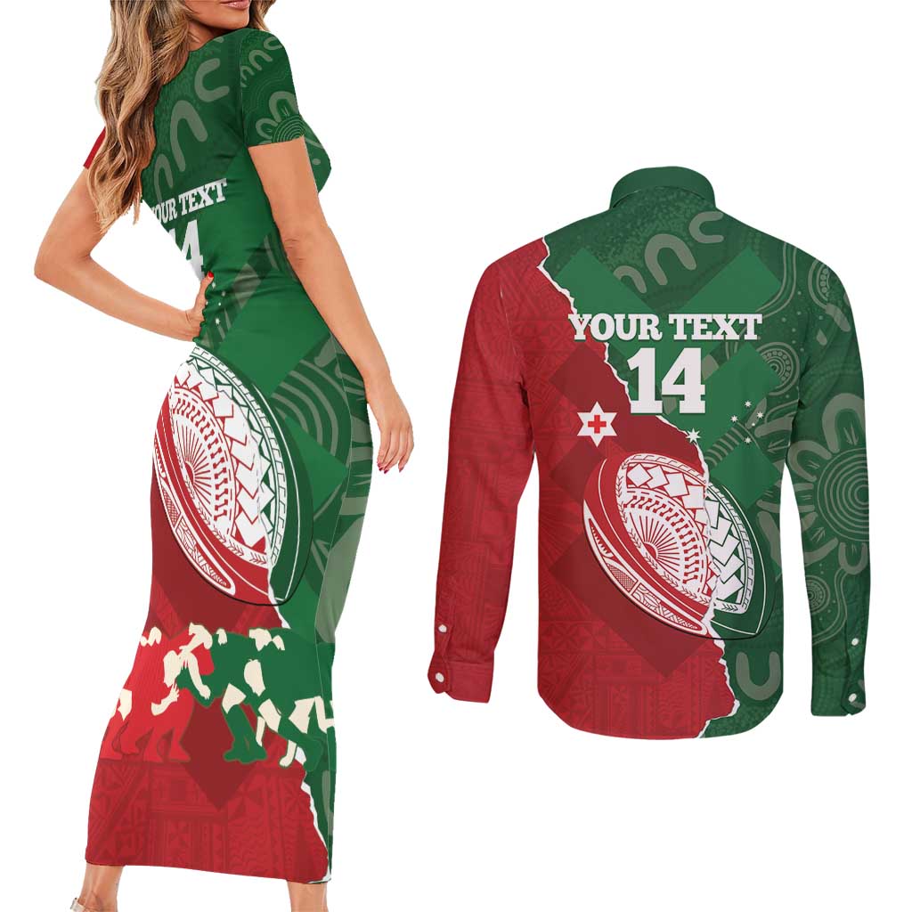 Custom Tonga And Australia Rugby Couples Matching Short Sleeve Bodycon Dress and Long Sleeve Button Shirt Mate Maa Tongan Ngatu Mix Kangaroos Aboriginal LT14 - Polynesian Pride