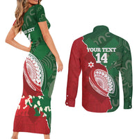 Custom Tonga And Australia Rugby Couples Matching Short Sleeve Bodycon Dress and Long Sleeve Button Shirt Mate Maa Tongan Ngatu Mix Kangaroos Aboriginal LT14 - Polynesian Pride