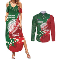 Custom Tonga And Australia Rugby Couples Matching Summer Maxi Dress and Long Sleeve Button Shirt Mate Maa Tongan Ngatu Mix Kangaroos Aboriginal LT14 Green - Polynesian Pride