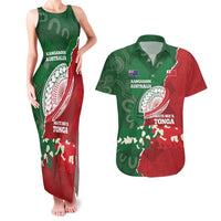 Custom Tonga And Australia Rugby Couples Matching Tank Maxi Dress and Hawaiian Shirt Mate Maa Tongan Ngatu Mix Kangaroos Aboriginal LT14 Green - Polynesian Pride