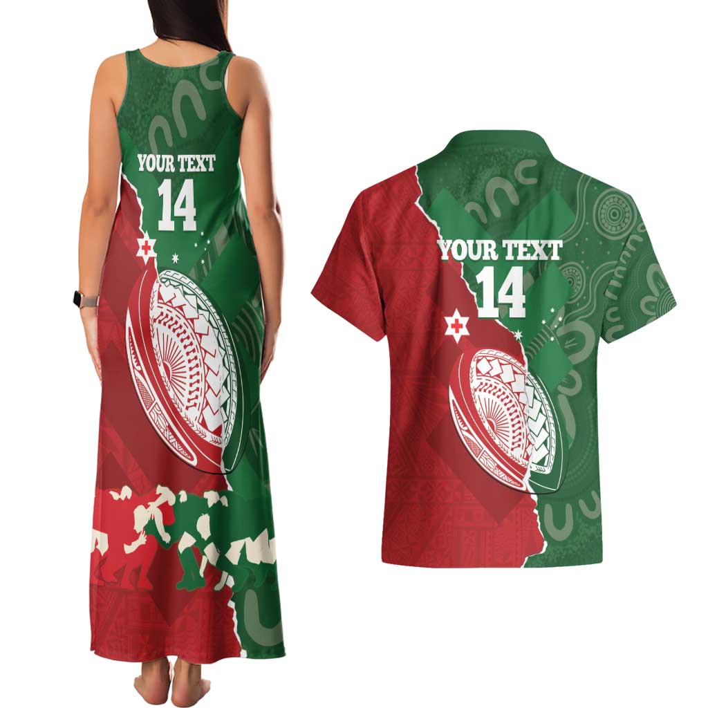 Custom Tonga And Australia Rugby Couples Matching Tank Maxi Dress and Hawaiian Shirt Mate Maa Tongan Ngatu Mix Kangaroos Aboriginal LT14 - Polynesian Pride